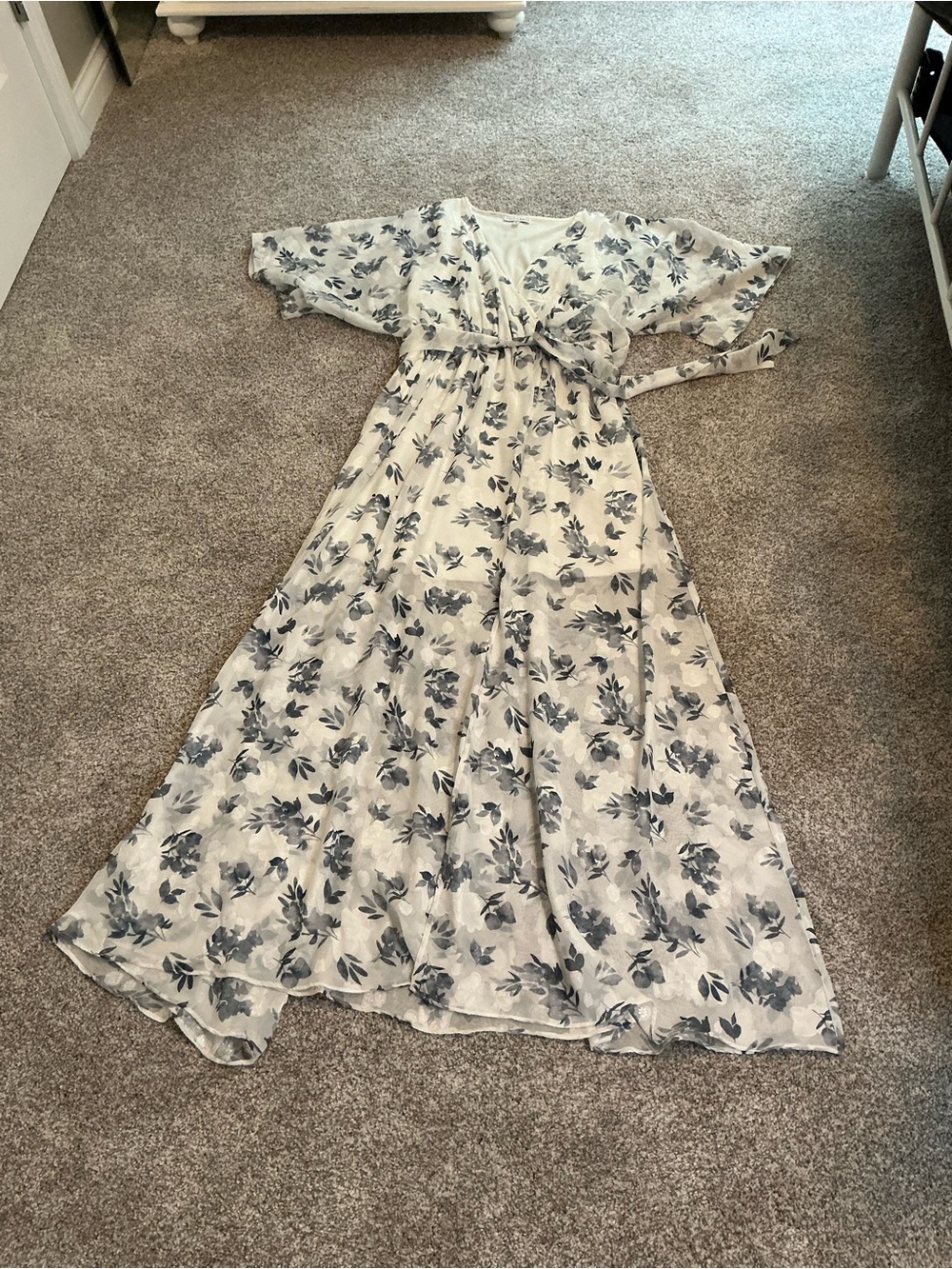 Baltic Born White Maxi Dress with Blue Floral Print and Wrap Tie